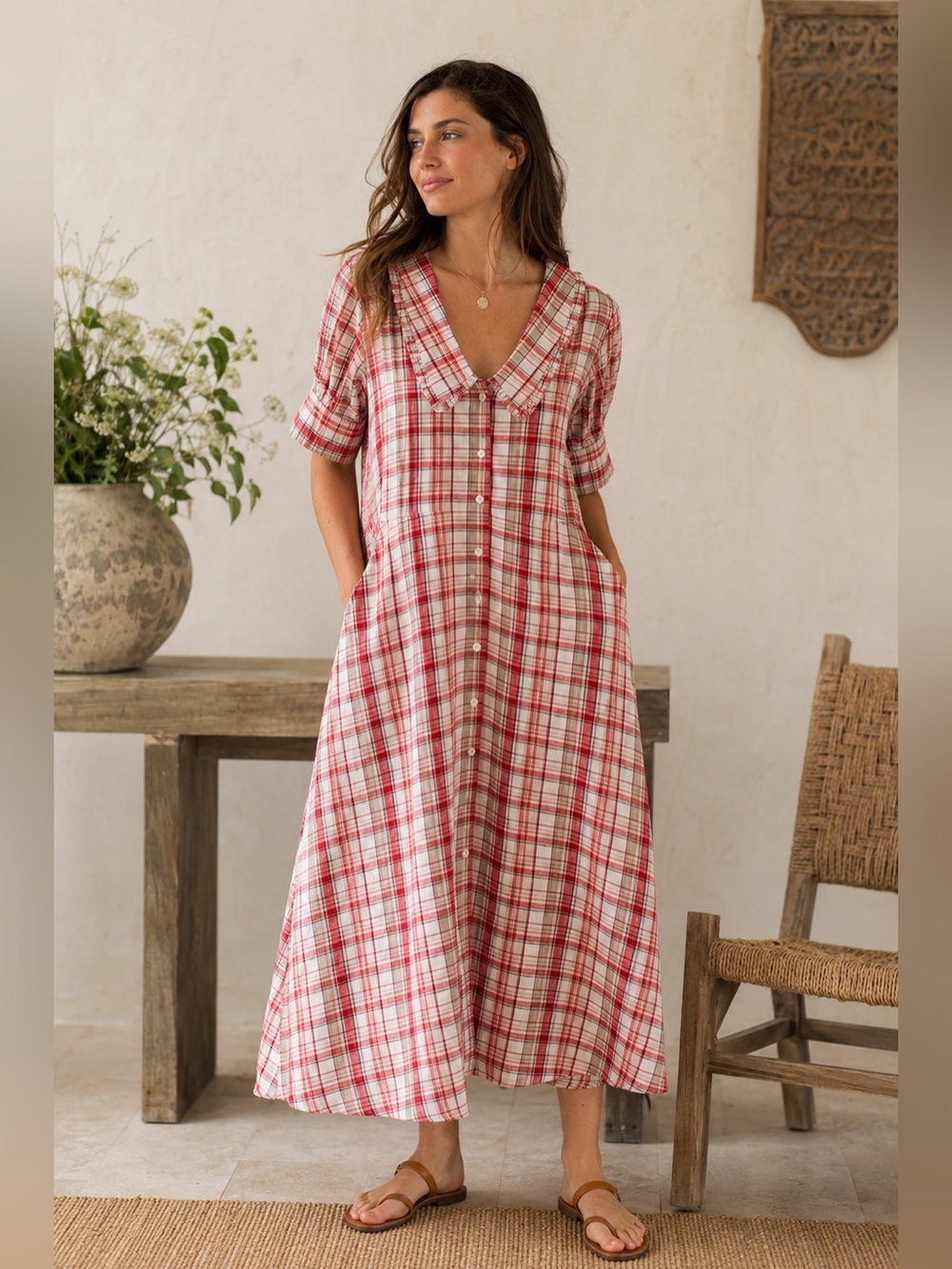 Brora Plaid Cotton Midi Shirt Dress Peter Pan Collar Size 12 Pockets